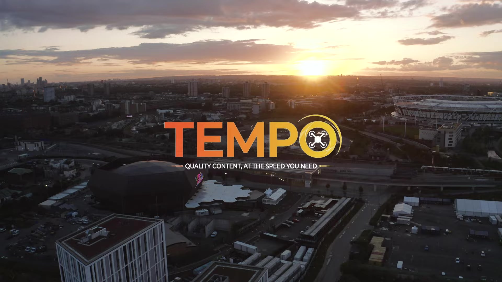Sunset aerial over London with the Tempo logo, Tempo drone showreel
