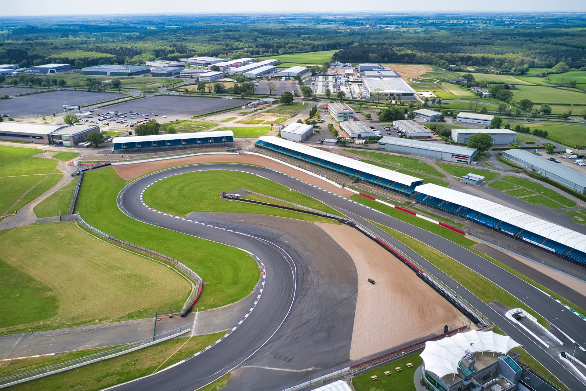 Silverstone circuit tower, drone aerial for EE